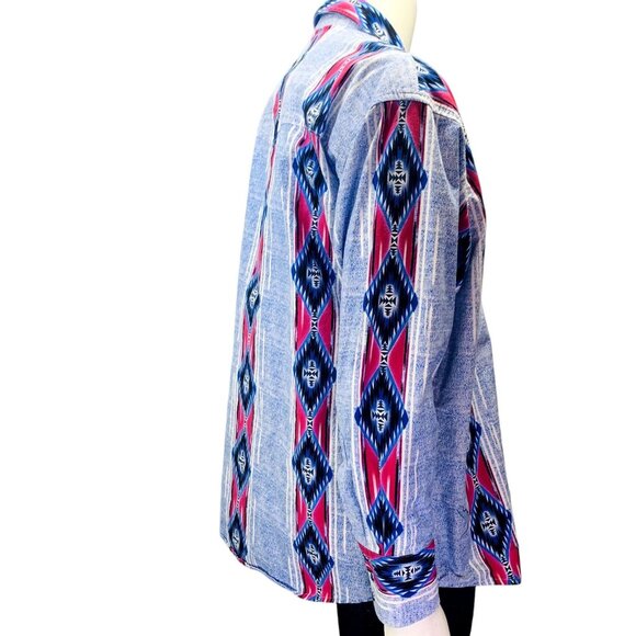 Wrangler Mens Western Pearl Snap Shirt Blue Pink Southwestern Print Size XXL - Picture 10 of 13